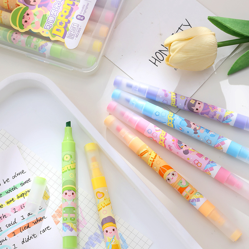 Erasable fluorescent highlighters dopamine eye-care color set fluorescent pens for doodling, journaling, student focus marking set