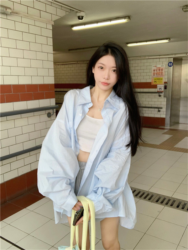 レイジースタイルストライプポロカラーシャツジャケット女性の夏の日焼け止めシャツルーズカジュアルカーディガンミッドレングストップ|undefined