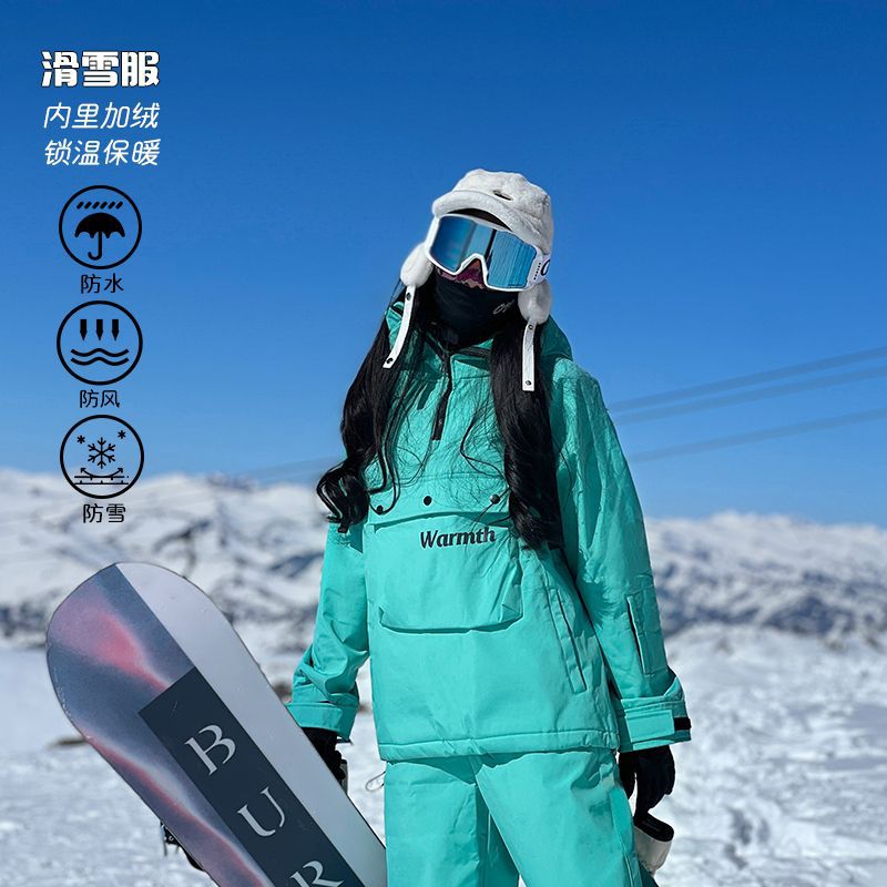 Wholesale Women's Hooded Snowboard Jacket with Bright Color Waterproof Warm Fleece Thick Outerwear Hiking Gear