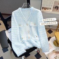 小香风蓝色流苏V领开衫外套女2025秋冬季软糯水貂绒针织衫减龄上