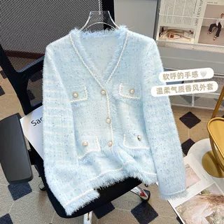 小香风蓝色流苏V领开衫外套女2025秋冬季软糯水貂绒针织衫减龄上