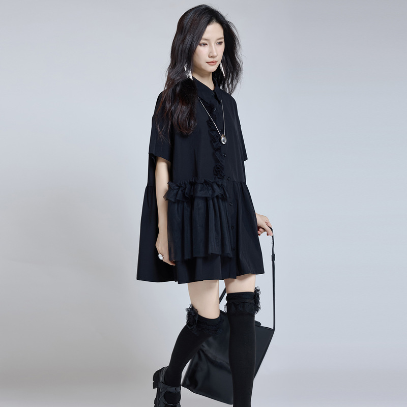 【Black Daytime Layered Gauze】2026 Summer Designer Style Mesh Patchwork Shirt Dress Irregular Loose Slimming Dress 【Black Daytime Layered Gauze】2026 Summer Designer Style Mesh Patchwork Shirt Dress Irregular Loose Slimming Dress