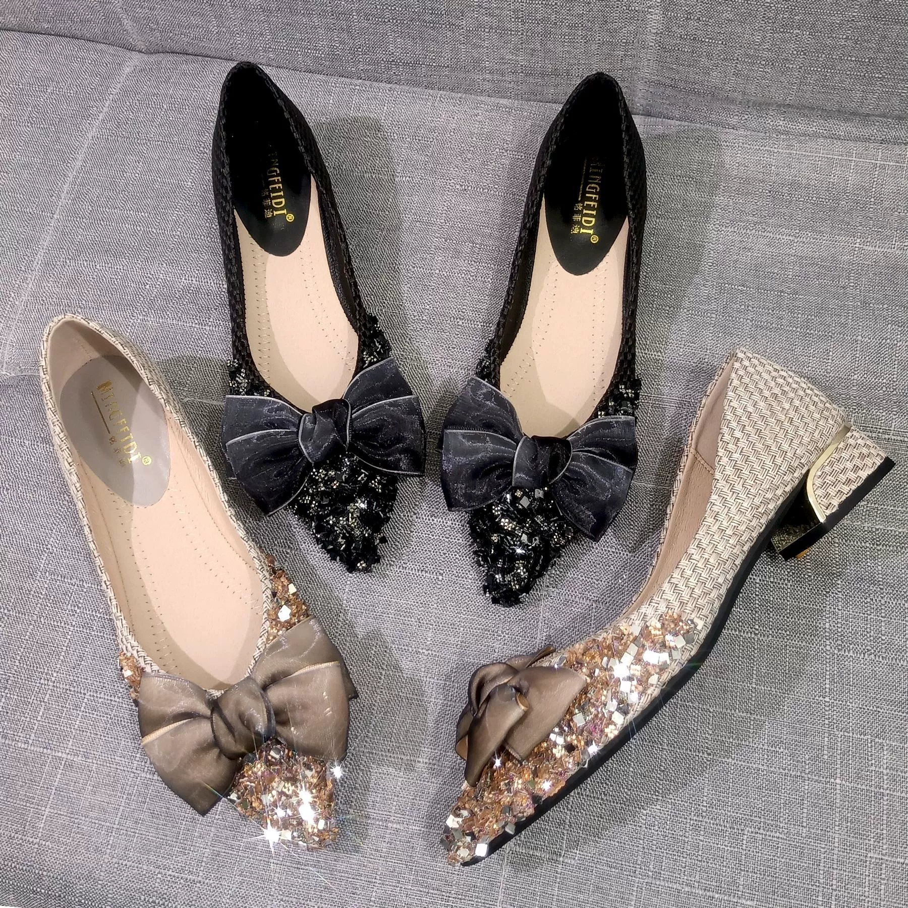 Женские туфли на массивном каблуке с низким вырезом 2023 новые модные туфли со стразами и бантом в сказочном стиле Большие размеры на среднем каблуке 43