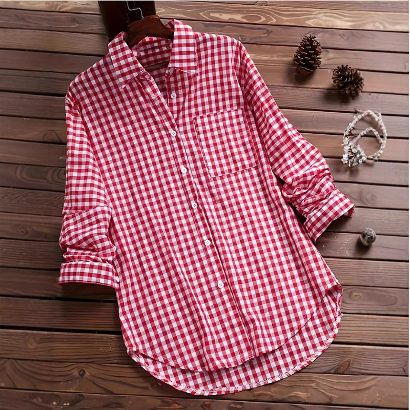 2026 Cross-Border Hot-Selling Item Aliexpress Ebay Pure Cotton Plaid Turn-Down Collar Long-Sleeve Vintage Shirt for Women Versatile Blouse