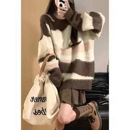 甜美风撞色拉毛奶牛纹软糯毛衣女24年秋冬慵懒针织衫套头宽松上衣