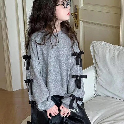 Girls' Autumn Hoodie 2025 with Bow Tie Children's Korean Version Long Sleeve Girls Middle Child Casual Top Children's Clothing