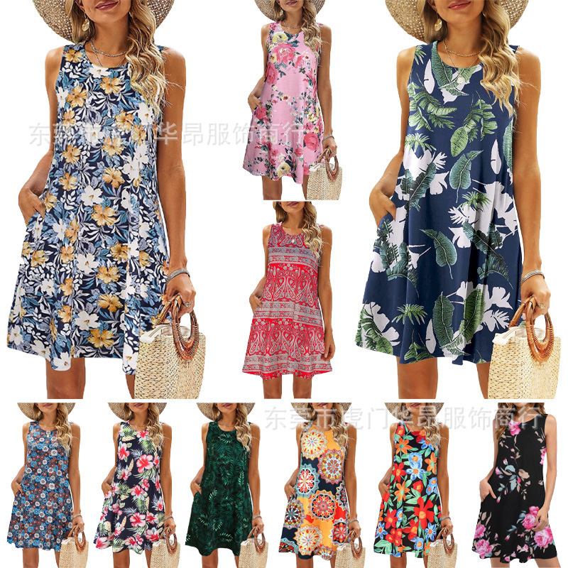 Cross-border Amazon Spring and Summer Explosions Flower Printed Sleeveless Casual dress 2024 New Hawaiian Skirt for Women Cross-border Amazon Spring and Summer Explosions Flower Printed Sleeveless Casual dress 2024 New Hawaiian Skirt for Women