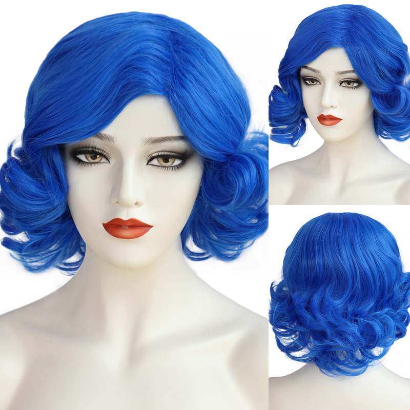 Cross-Border 80S Wig Retro Fluffy Blue Short Curly Cheongsam Wig Young Lady Young Mother Headgear