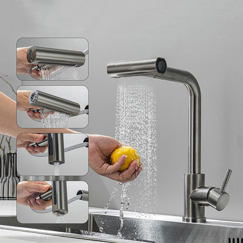 304 acero inoxidable tipo de extracción cocina caliente y fría volando agua de lluvia grifo lavabo lavabo lavabo lavabo telescópico giratorio