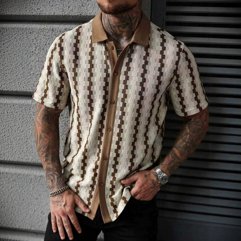 Cross-Border Men's Clothing Summer Men's Shirts Retro Checkered Knitted Short-Sleeved Shirts Men's Versatile Casual Tops
