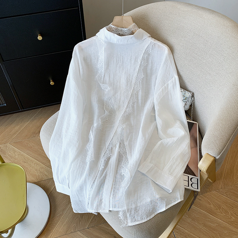 Summer Beautiful Blue and Purple Lace Back Slit Long-sleeved Micro-transparent Lightweight Shirt Women's Korean-style Tencel All-match Sunscreen Slim Look