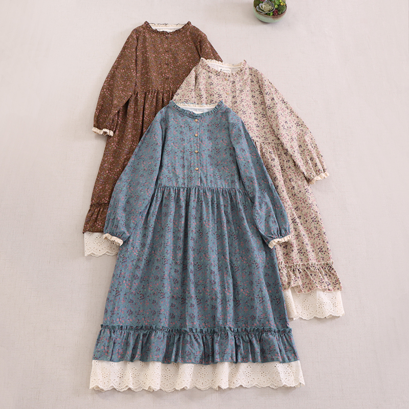 Japanese Style Mori Women's Artistic Floral Long-sleeved Dress Loose All-match Lace Large Swing Slim Long Dress Spring New Arrival
