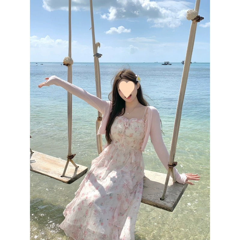 Новое весенне-летнее розовое платье с цветочным принтом Fat, женская весенняя нежная темпераментная длинная юбка на подтяжках с талией