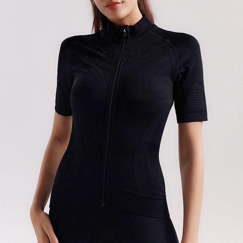 Verano fitness deportes yoga ciclismo manga corta mujer cremallera cuello alto transpirable de secado rápido compresión con bolsillo camiseta ajustada