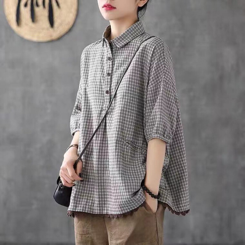 2023 retro lace loose plus size cotton and linen plaid shirt women's short-sleeved shirt summer new linen top