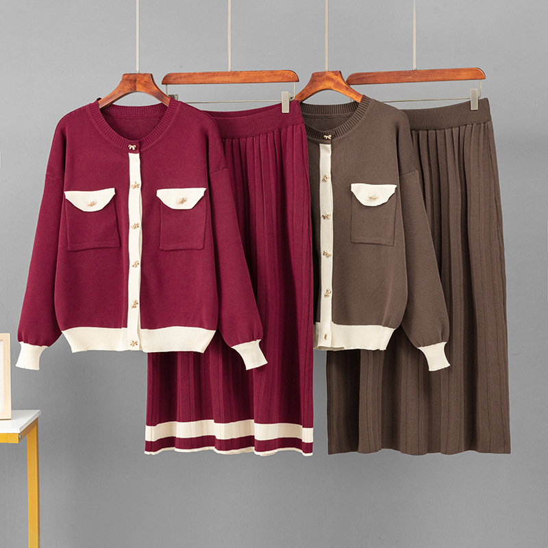 Women's Knitted Two Piece Cardigan And A-line Skirt Set Casual_voghion.com