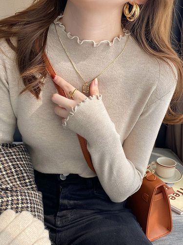 High-end stylish base layer turtleneck sweater for women, autumn and winter, mulberry edge, half-length knit top