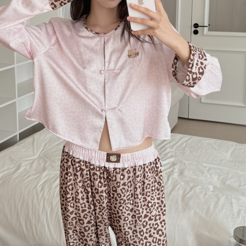 New Chinese Style National Style Accessible Luxury Leopard Print Pajamas for Women Spring & Fall Cute Kitty Home Clothes Long Sleeves and Pants