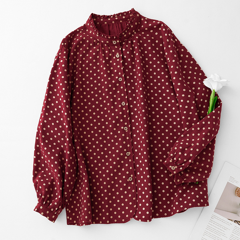 2025 Spring and Autumn Women's New Loose Retro Polka Dot Lace Collar Single Breasted Long Sleeve Shirt Women's Shirt Age Reduction