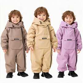 跨境 儿童连体衣秋冬连帽加绒加厚滑雪服工作服外贸宝宝爬服批发