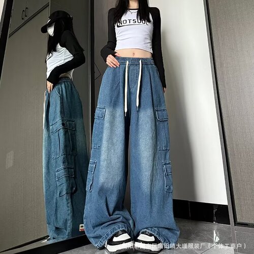 fashion brand pleated dark blue drawstring jeans men and women American retro couple wide-leg high-waist overalls foreign trade trend