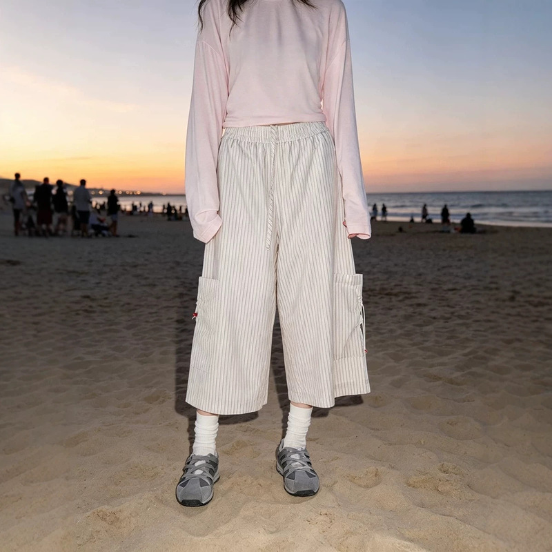Japanese-Style Cherry Bead Vertical Stripe Cropped Pants for Women, Summer Loose Wide-Leg Pants, Retro College Style Seven-Point Pants