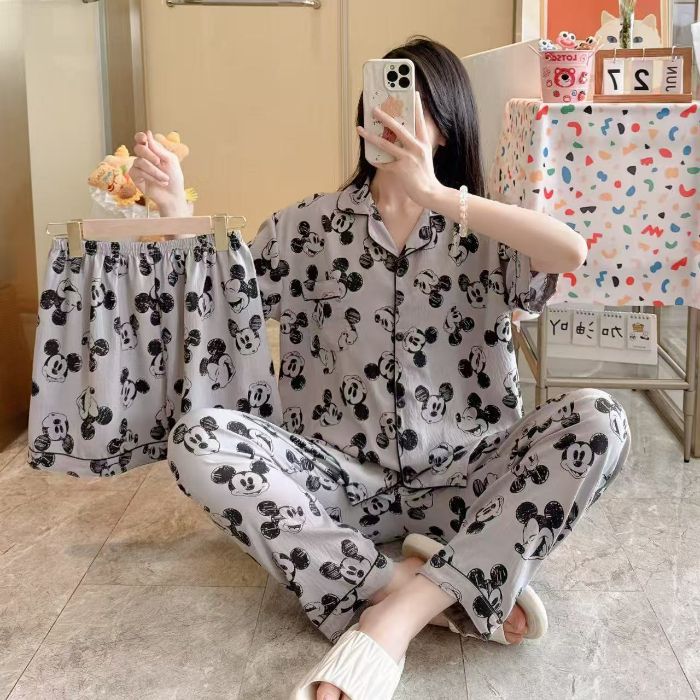 Venta al por mayor transfronteriza 120g pijamas de algodón de nube de verano de manga corta para mujer pantalones cortos de algodón de nube de verano de tres piezas servicio a domicilio de dibujos animados