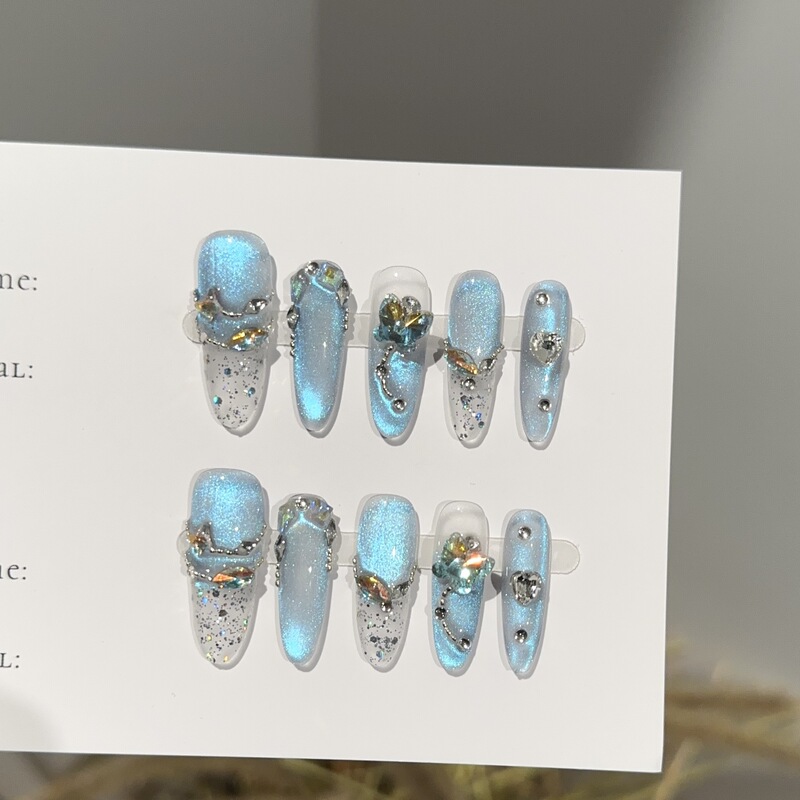 Purely Handmade Wearable Nails, High-End Fog Blue Cat-Eye Manicure, Accessible Luxury Ice-Transparent Diamond-Encrusted Fake Nail Patches