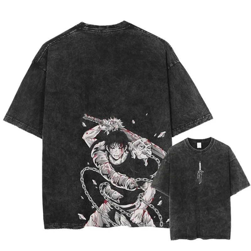 Black 2025 Japanese Independent Return Jiu-Jitsu Comfortable Loose Washed Foreign Trade Cotton New Graphic Anime Station
