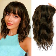 欧美假发补发块假发片女遮白发水波纹化纤刘海蓬松短卷发补发片