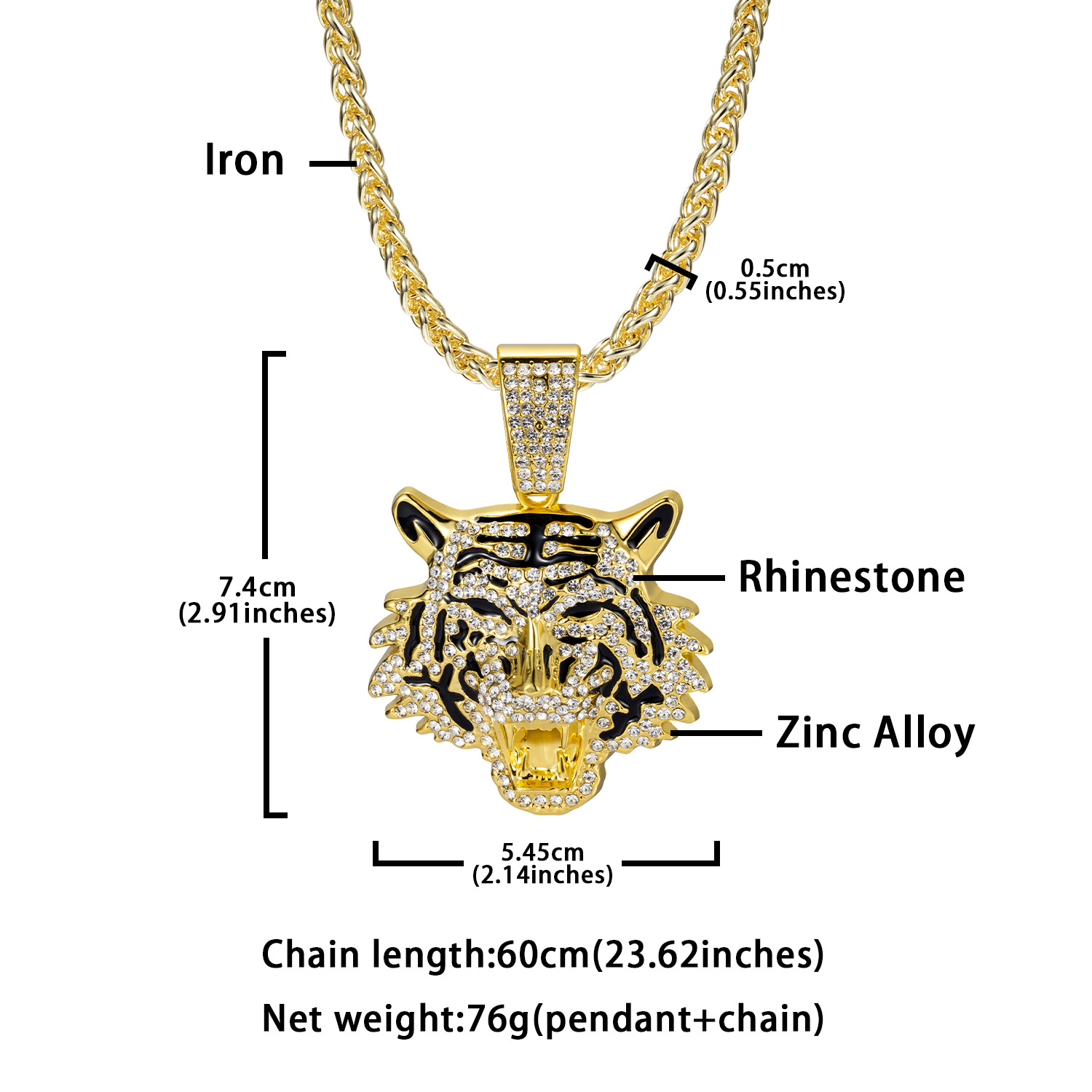 Tiger Head Pendant Necklace For Men Alloy Diamond Studded Jewelry_voghion.com