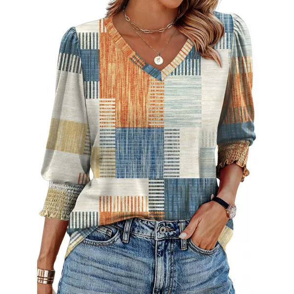 2025 New European and American Amazon Temu Aliexpress New Three-Quarter Sleeve V Neck Printed Loose Casual T-Shirt Top