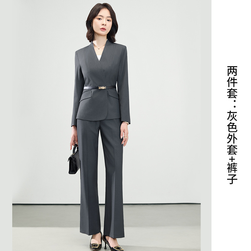 2025 秋冬新グレー専門ハイエンド長袖スーツジャケット女性のスカートツーピーススーツ気質|undefined