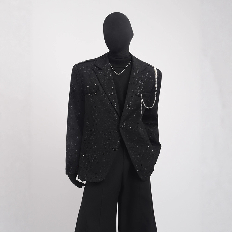 New Niche Design Pearl Chain Black Suit Jacket Men's Spring and Autum Trendy Brand Loose and Versatile Casual Suit