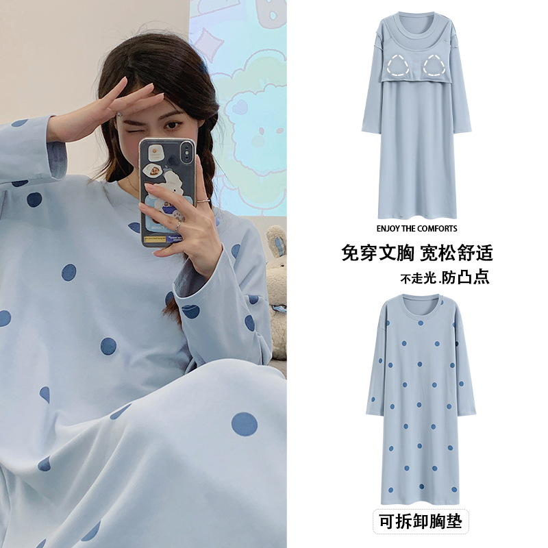 Camisón de las mujeres con almohadilla en el pecho otoño algodón de manga larga vestido dulce nuevo vestido casual de algodón desgaste del hogar de verano