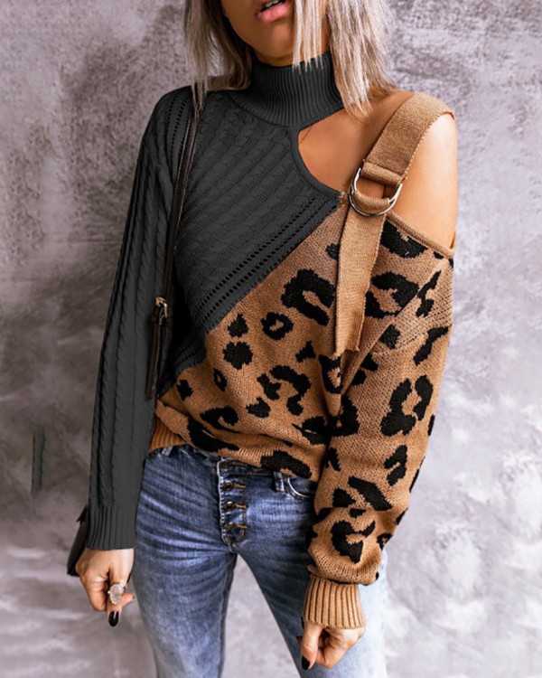 Color Matching Leopard High Neck Strapless Sweater NSNHYD105986