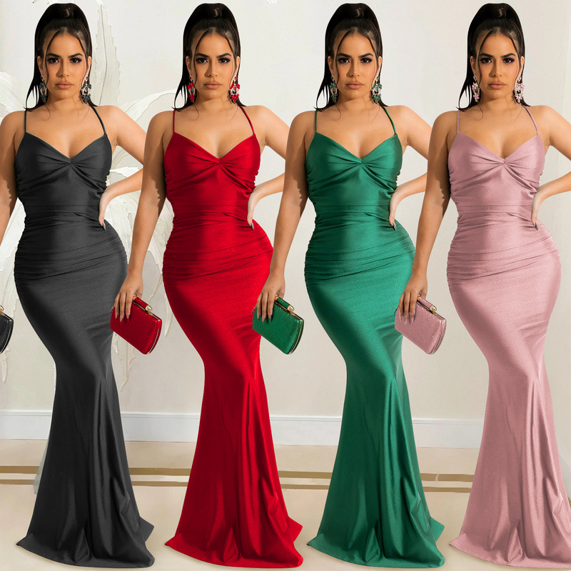 X5617 Cross-Border Aliexpress Amazon Solid Color Sexy Suspender Wrapped Chest Backless Strappy Tight Long Skirt Dress