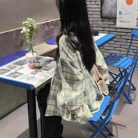 新款蓝色格子女春秋外套春秋款格纹衬衣内搭叠穿衬衫衣女外穿潮流