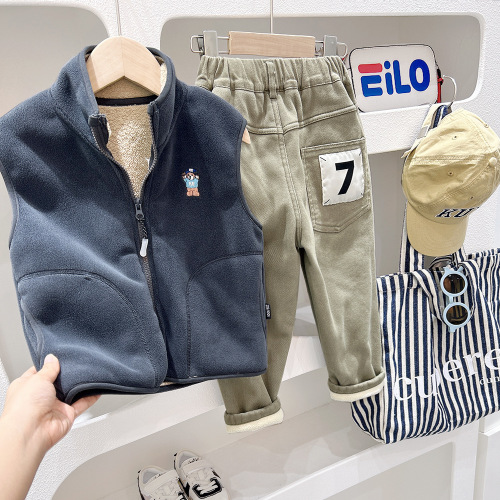 Boys Alpaca Cartoon Vest  Autumn and Winter Children's Clothes Children's Velvet Vest Thickened Zipper Jacket Waistcoat