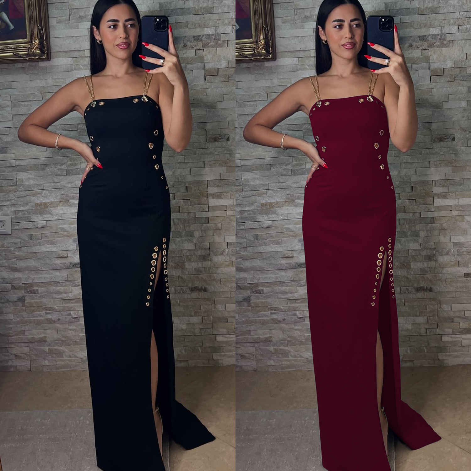 C7522 Aliexpress transfronterizo amazon ropa de moda europea y americana de mujer elegante cadena de oro sexy vestido de horquilla