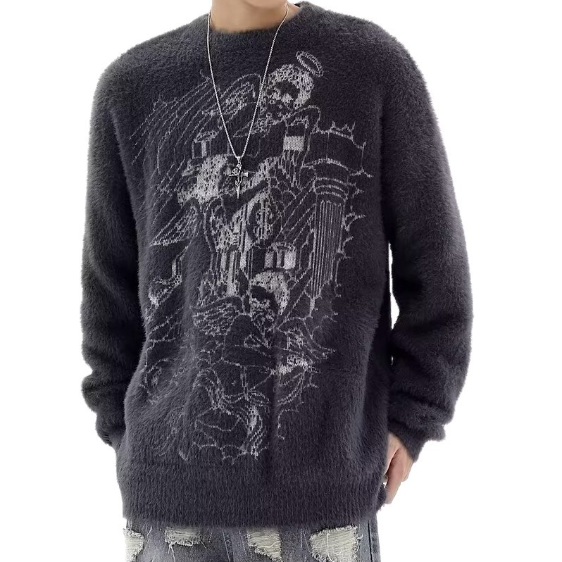 Herren Oversized Strickpullover mit Gothic-Engelsprint, weich und warm, aus Fleece, Schwarz/Beige, Wintergröße M-XXXL_voghion.com