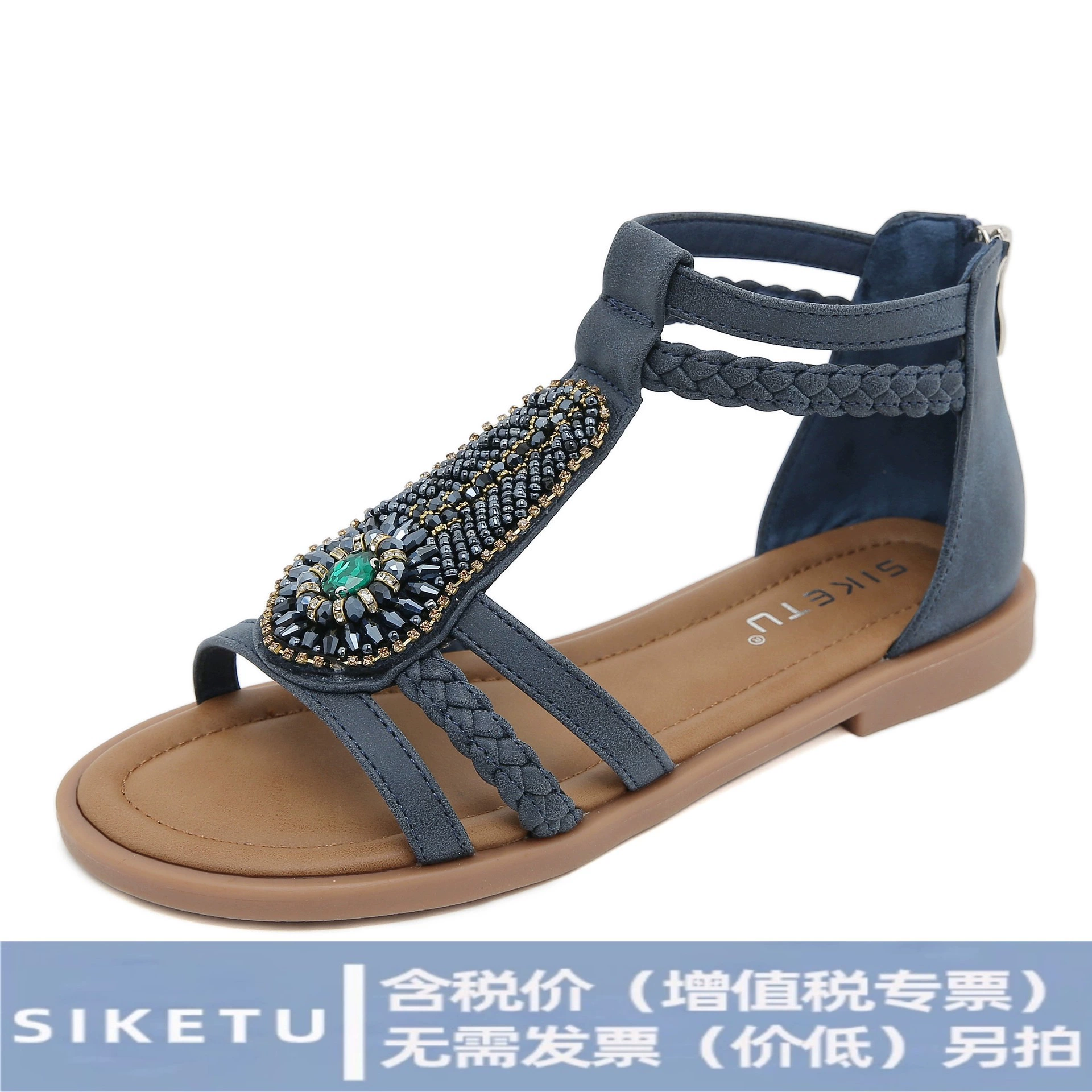 K9001-4 Новые летние сандалии 2025 для женщин в стиле бохо-ретро с бисером, молнией и стразами, римские плоские сандалии