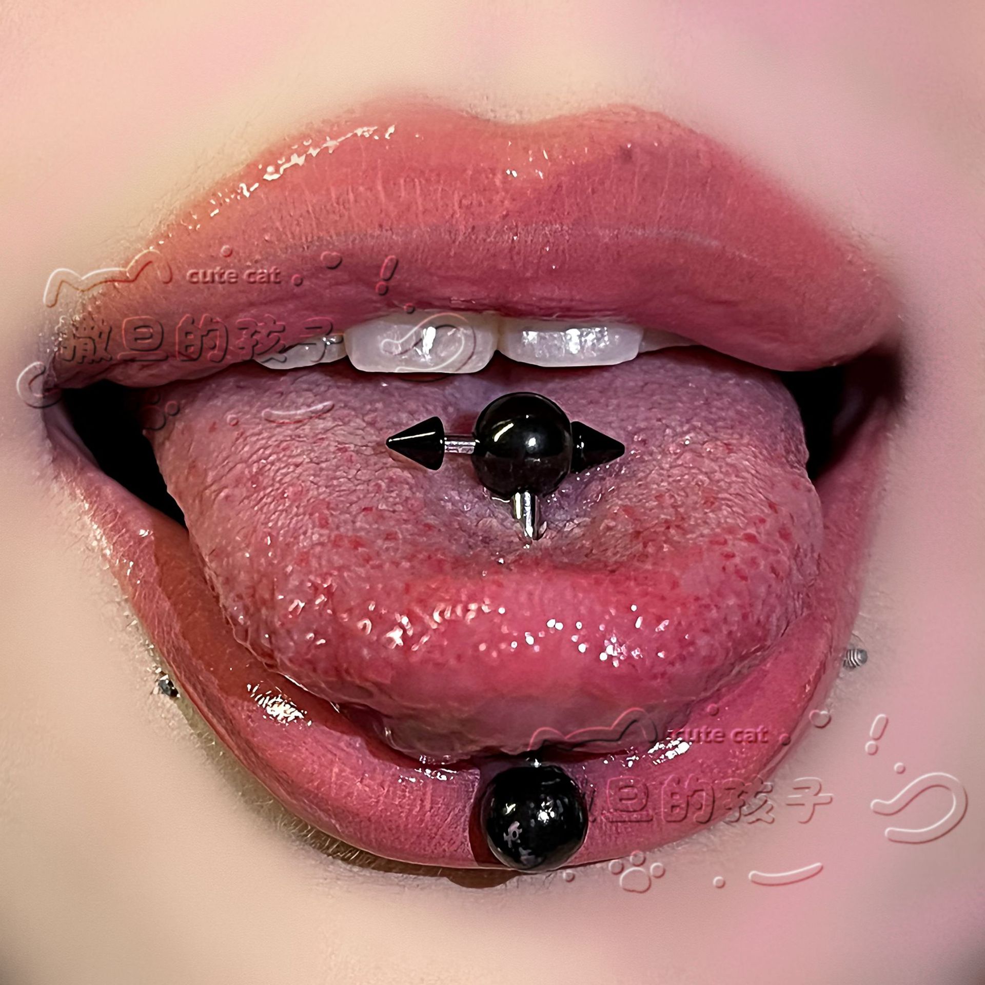 Silver pointed spike labret stud material detail