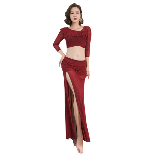 Belly dance dance clothing practice clothing four seasons oriental dance beginners sexy open long skirt two-piece performance clothing
