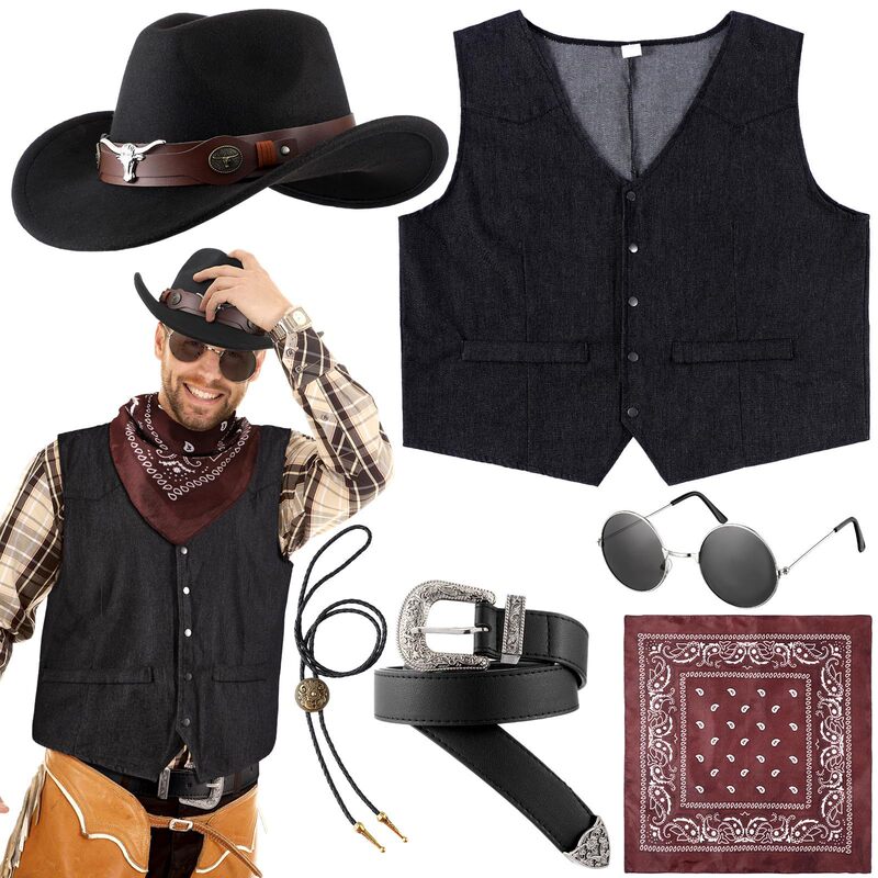 Cowboy Costume Western Costume Cowboy Vest Hat Necklace Belt Panama Scarf Glasses Halloween Lp018