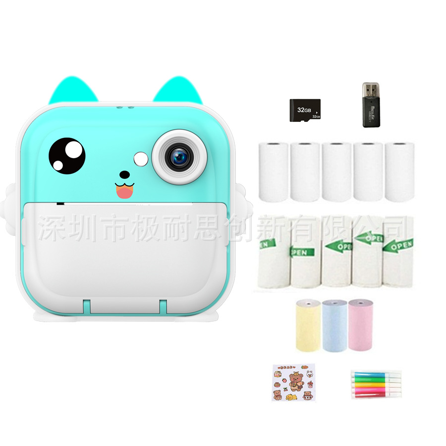 Q5 캣 블루 + 32G 고속 카드 + 카드 리더기 + 만화 스티커 + 폴라로이드 종이 5롤 + 접착지 5롤 + 색종이 3롤 + 색펜 6개