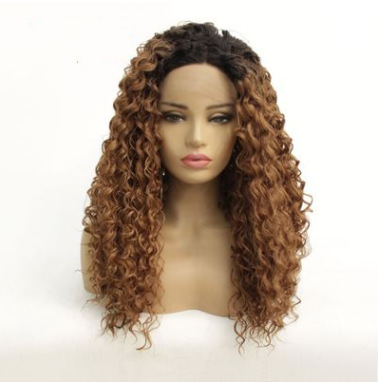 Pelucas europeas y americanas T marrón pequeño cabello rizado fibra química delante encaje mitad mano cubierta de gancho largo cabello rizado LW0107