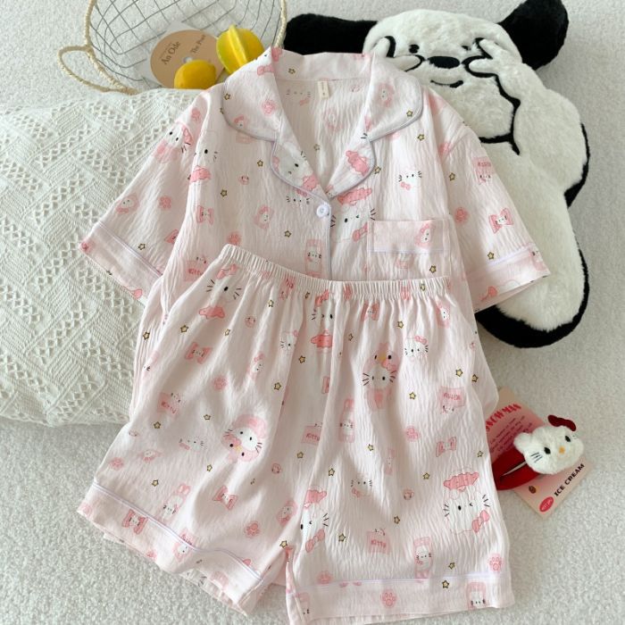 Pijama mujer nube algodón de manga corta pantalones cortos cardigan solapa de verano apertura en vivo dibujos animados transfronterizos dulce traje de servicio a domicilio