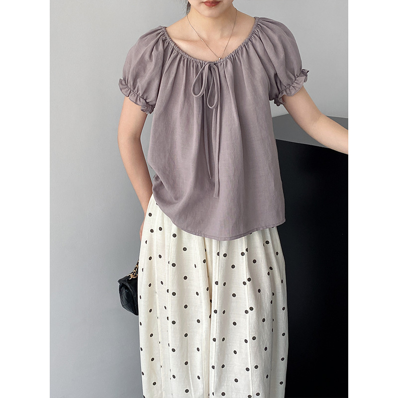 Ginger Peach Jasmine~Tencel Ramie Gentle Age-Reducing Blouse for Women, Round Neck Petite Shirt 631