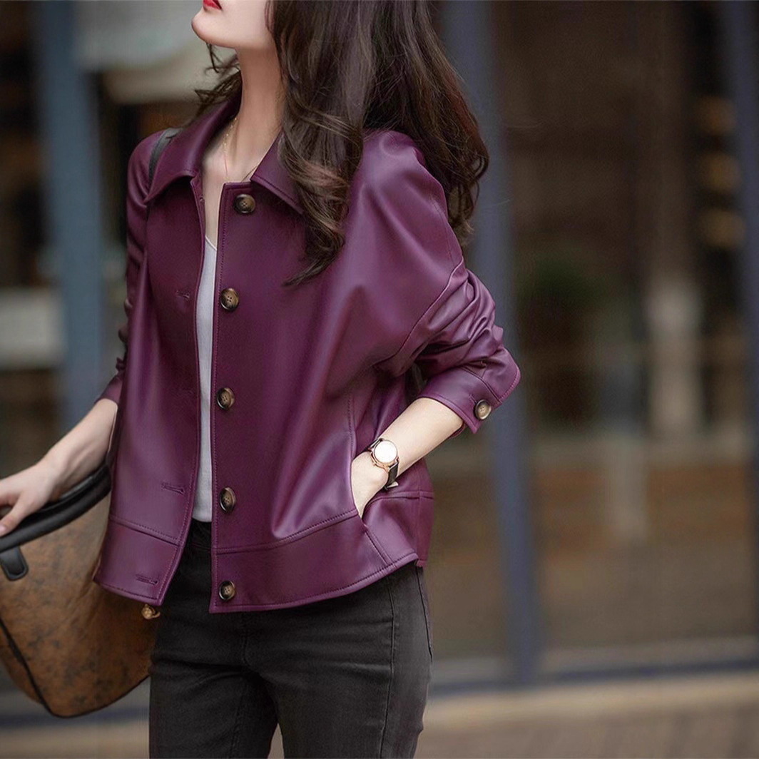 Spring and Autumn Genuine Leather Sheepskin Jacket with a Turn-Down Collar, Single-Breasted, Loose Short Style Women's Coat, New Autumn Style, Loose Fit